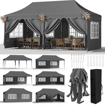 Image de Pavillon de jardin 3x6 mètres, gris, imperméable, avec 6 parois et protection UV 50+
