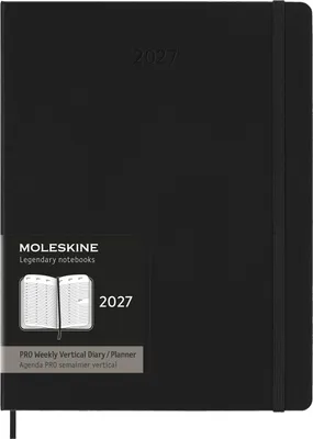 Produktbild von Moleskine Wochenkalender für 12 Monate 2027, Modell Pro XL, 1 Woche = 2 Seiten, vertikale Anordnung, Spalten für Notizen, Hardcover, Schwarz.