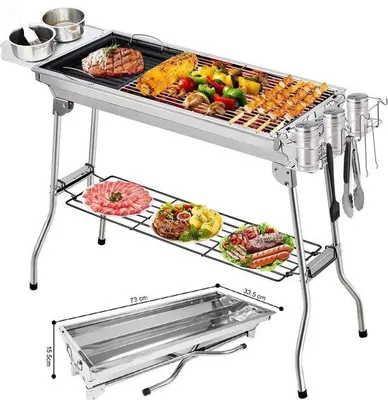 Immagine prodotto di Griglia per barbecue a carbone Famanu – Pieghevole, in acciaio inossidabile, 73 x 34 cm – Include accessori per il barbecue – Argento