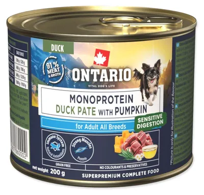 Imagen del producto de Comida húmeda para perros adultos Ontario, fórmula monoproteica de pato con calabaza, 200g