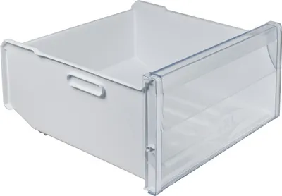 A white and clear plastic drawer, likely for a refrigerator or freezer, shown with the front pulled out.