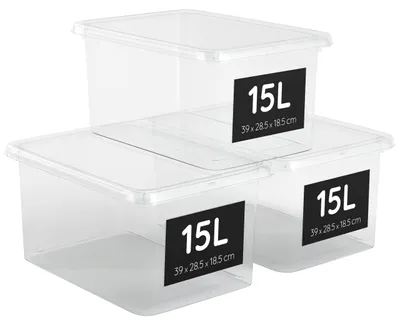 Productafbeelding van Opbergboxen, set van 3, 15 liter, stapelbaar met deksel, transparant, met kliksluiting, 39 x 28,5 x 18,8 cm, BPA-vrij