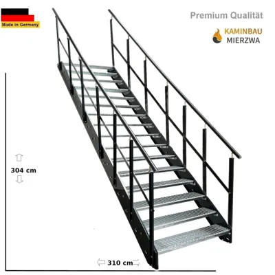 Produktbild von Wangen Treppe Stahltreppe Gitterroststufen 16 Stufen Verzinkt mit beidseitigem Geländer und Wangen in Anthrazit  RAL 7016 (B x H x T) 140 x304 x310 cm