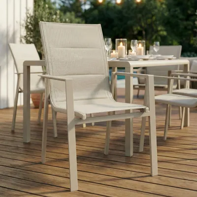 Produktbild von Gartenstühle TRAPANI 6er Set, Champagner - stapelbar aus Metall, mit Armlehnen, Hochlehner, modernes Design, pflegeleicht, sanft gepolstert mit wetterfestem Textilene Bezug
