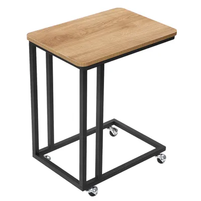 Obrázok produktu pre BEGRYF bočný stolík s kolieskami - rozkladací stolík vysoký 55 cm, C-stôl s kovovým rámom, stolová doska s dreveným vzhľadom, mobilný stolík na notebook, nočný stolík