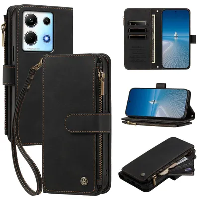 Produktbild von Handyhülle für Infinix Note 30 Pro 4G, Leder Klapphülle mit Kartenfächern, Reißverschlussfach und Handschlaufe Schwarz