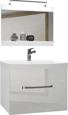 Produktbild von BELINI Badmöbel Vollausstattung Set Waschbeckenschrank, Waschbecken, Spiegel, Lampe (Weiß, Glänzend)