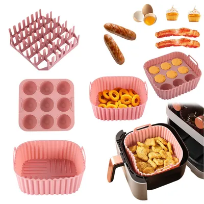 Produktbild von 3er Set Silikonform Heißluftfritteusen Zubehör für Airfryer, Schwarz, Rosa