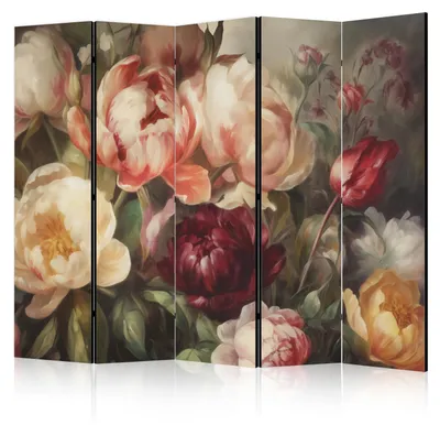 Immagine prodotto di Pannello divisorio pieghevole a 5 ante, stampato su entrambi i lati, motivo "Peonie in fiore", dimensioni 225 cm x 172 cm