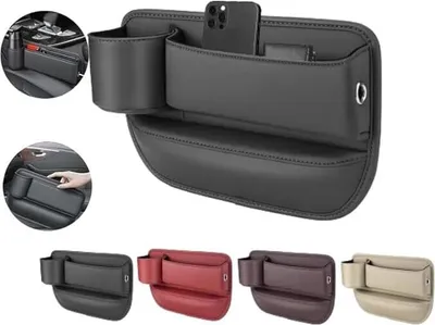 Produktbild von Leder-Ablagetasche für Autositzlücken mit Becherhalter, verstellbare Sitzlücken-Aufbewahrungsbox für Handy, Brillen, Schlüssel und Karten (Schwarz).