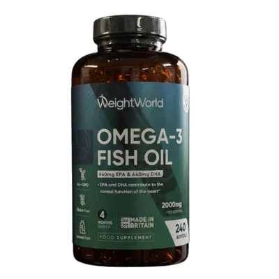 Produktbild von Omega 3 Kapseln 240 Stück hochdosiert 2000 mg Fischöl 1100 mg Omega-3 EPA DHA glutenfrei laktosefrei Nahrungsergänzung WeightWorld