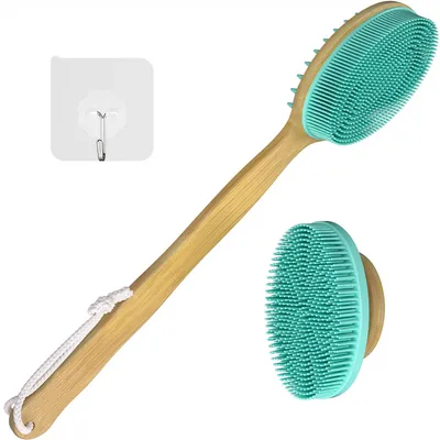 Produktbild von Badebürste mit langem Bambusgriff und doppelseitigem Silikonkopf zur Rückenreinigung und Kopfmassage, inklusive Gesichtsbürste.