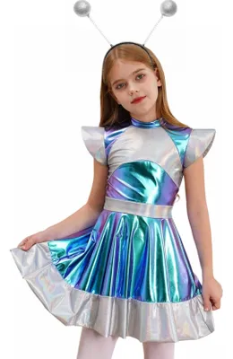 Productafbeelding van Astronautenpak voor kinderen, meisjes, maat 122-128 – Metallic ruimtejacht, dansjurk voor Halloween, carnaval en rollenspellen
