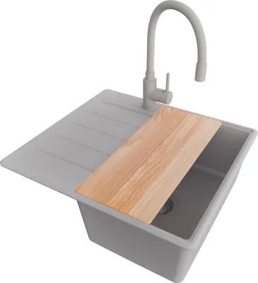 Produktbild von PRIMAGRAN Granitspüle Grau 55x50cm, Spülbecken 1 Becken + Küchenarmatur 38x14cm + Ablauf-Set + Schneidebrett, Küchenspüle ab 40er Unterschrank - Kopenhagen