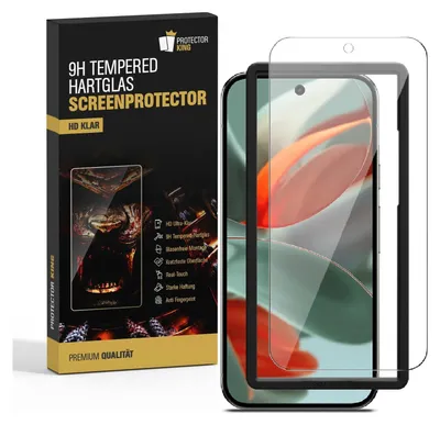A product box for a screen protector is shown next to the screen protector itself, which is placed on a phone.