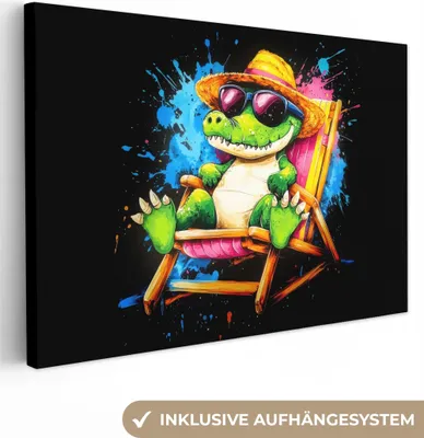 Produktbild von MuchoWow® - Leinwandbilder - Graffiti - Sommer - Krokodil - Lustig, Wandbild, Wanddeko Bilder Wohnzimmer, 90x60 cm