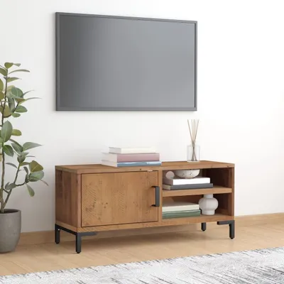 Image de Meuble TV exclusif - Étagère TV en bois massif de pin, couleur marron, dimensions 90 x 30 x 40 cm