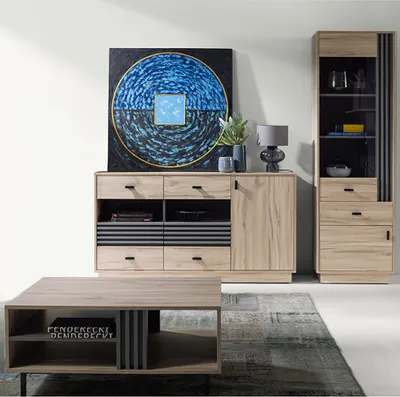 Produktbild von Wohnzimmermöbel-Set mit Sideboard, Vitrine & Couchtisch in Eiche Nb., modern 3-teilig ANTIGUA-133