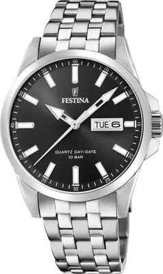 A close-up studio shot of a silver Festina men's watch with a black dial.