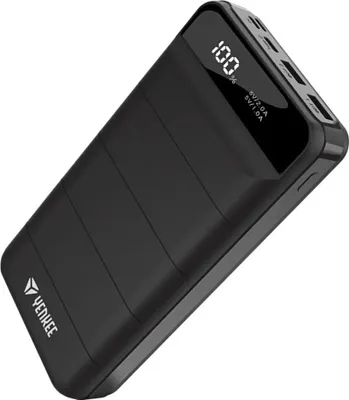 A black power bank with a digital display showing 100% charge.