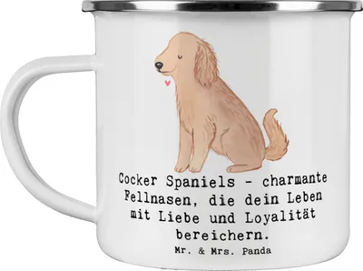 Produktbild von Mr. & Mrs. Panda Emaille Tasse Cocker Spaniel Liebe - Weiß - Geschenk, Hunderassen Beschreibung, Reisebecher, verspielte Hunde, Haferl, und Loyalität, Hunderasse, Pott