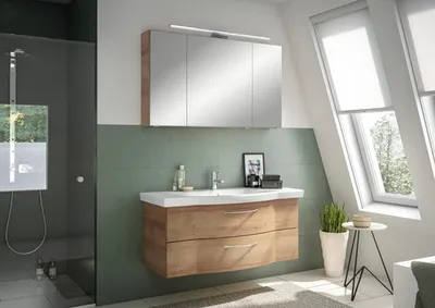 Produktbild von Pelipal Badmöbel-Set Sunline 114 BxHxT 122 x 200 x 51,5 cm Frontfarbe eiche riviera Badmöbel-Set mit Waschtisch Keramik