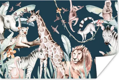 Produktbild von MuchoWow® Poster Wasserfarben - Tiere - Elefant - Flamingo - Jungen - Blau - Kinder - Kinder 120x80 cm - Bilder