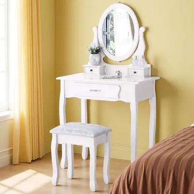Productafbeelding van Make-up tafel met spiegel, make-up tafel met krukje en lades, kaptafel met afneembaar bovenblad, make-up commode (wit)