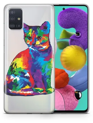 A clear, well-lit product shot of a phone case with a colorful cat design, placed next to a smartphone.