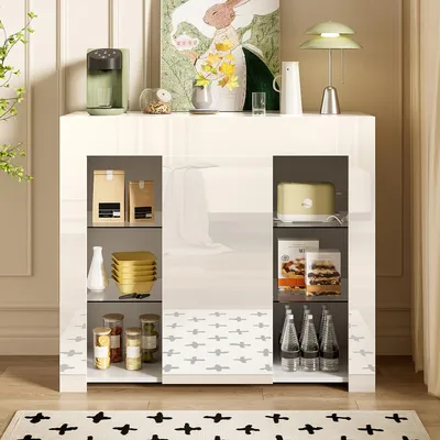 Produktbild von Buffet mit Hochglanz-Front und Glasregalen Sideboard Schrank für Wohnzimmer 95x35x83cm Weiß