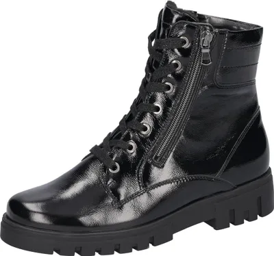 A black patent leather lace-up boot with a side zipper is shown against a white background.