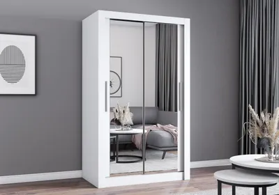 Produktbild von Easy4You MN Weiß Schiebetürenschrank Kleiderschrank 120x215x64 cm mit Spiegel - Schlafzimmermöbel, Aufbewahrung – Mehrzweckschrank mit 2 Kleiderstangen