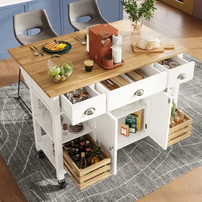 Produktbild von MODFU Kuchyňský ostrov (120 × 45 × 90 cm) – Kuchyňská skříň, jídelní skříň, úložná skříň, komoda, jídelní vozík, dřevěný dekor s borovicovým košem, bílá + přírodní