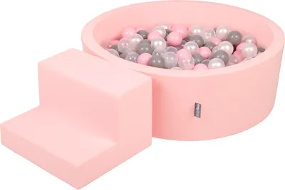 Produktbild von KiddyMoon spielplatz aus schaumstoff mit rund bällebad (200 bälle) ballgruben für babys spielbad hindernisläufen, hergestellt in der eu, pink:perle/grau/transparent/puderrosa