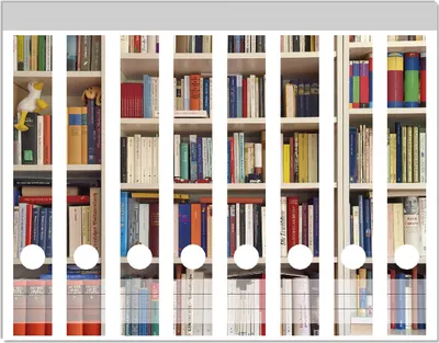 Produktbild von Wallario Ordnerrücken Sticker, selbstklebend für schmale Ordner, 8 Stück, Motiv Weißes Bücherregal mit unterschiedlichen Büchern