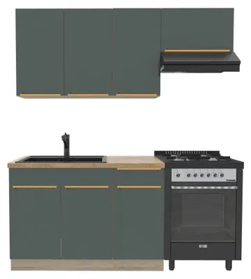 Produktbild von Küchenzeile 180 cm - GLAMOUR D - Mit Arbeitsplatte Lancelot Eiche - Dunkelgrüne Küche - Singleküche - Goldene Griffe - Metallbox Schubladen