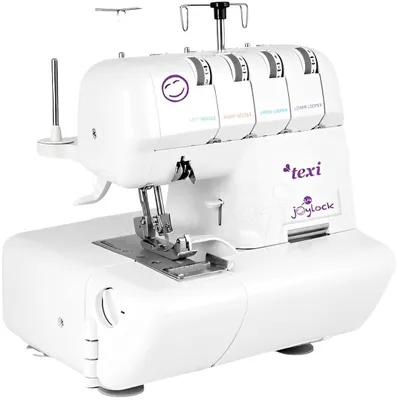A white overlock sewing machine is shown against a white background.