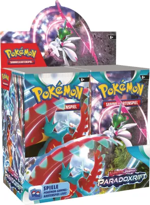 A display box of Pokémon trading card booster packs.