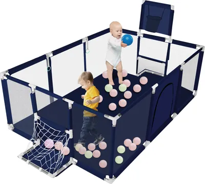 Produktbild von Laufstall Baby Laufgitter Schutzgitter mit Basketball Box, Fußballbox und Atmungsaktivem Netz, Stabiler Absperrgitter für Kinder, Blau, 180x122cm