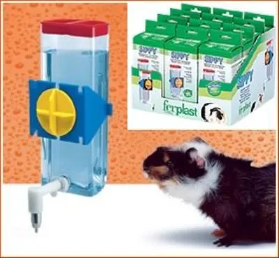 A collage showing a pet water dispenser, a box of the same dispensers, and a guinea pig.