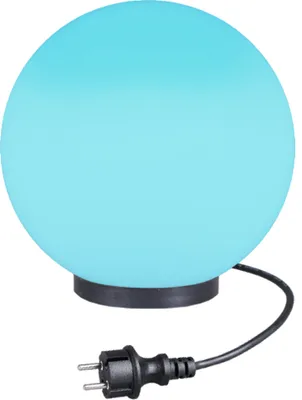 A blue spherical lamp with a black base and a black power cord with a European plug.