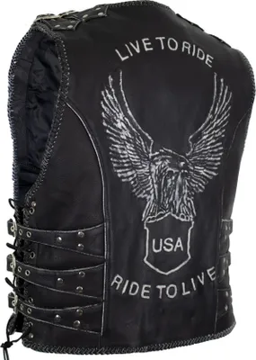 Produktbild von Herren Lederweste mit Schnallen und einer Adler Prägung Kutte Biker Weste Leder(L)
