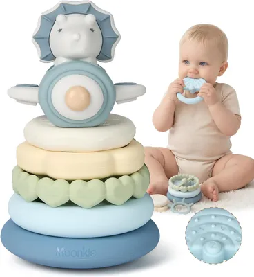 Image de Anneaux empilables dinosaures, jouet Montessori - Anneaux de dentition en silicone