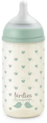Immagine prodotto di Biberon in vetro Suavinex Birdies, tettarella SX Pro S, 240 ml, 3-6 mesi, verde