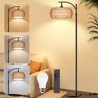 Produktbild von Rattan Stehlampe Wohnzimmer, Rattan Stehlampe mit Fernbedienung und LED-Glühbirne, App-Steuerung,Vintage Stehlampe mit Doppel-Lampenschirme, Boho Stehlampe für Schlafzimmer,E27 Floor Lamp