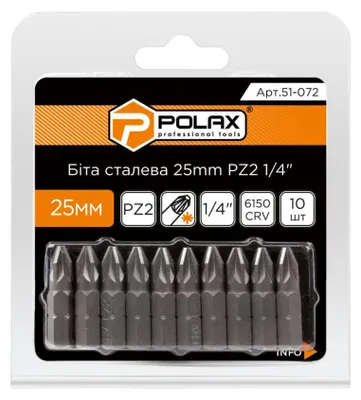 Produktbild von Polax Bit-Set 25mm PZ2 1/4 Zoll CRV 6150