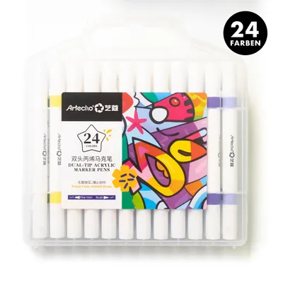 Produktbild von Artecho Doppelspitze Acrylstifte Set – 24 Farben, mit Feiner & Breiter Spitze – Wasserfest, Acrylmarker für DIY, Glas, Stein, Holz & Leinwand