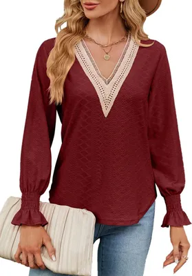 Image de ASKSA Femme Dentelle Col V Chemise Casual T-Shirts Chemise élégante Manches longues Tunique Tops, Vin rouge, XXL