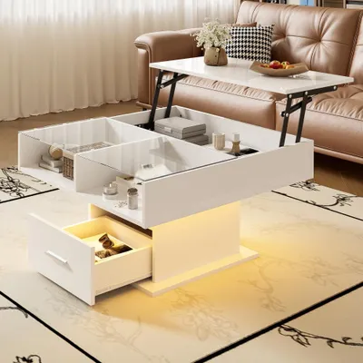 Produktbild von LED-Couchtisch Weiß Hochglanz, höhenverstellbar, Stauraum, 78 x 78 x 45 cm