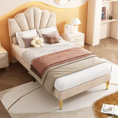 Produktbild von Merax Polsterbett mit höhenverstellbarem Muschel-Form-Kopfteil und goldenen Eisenbeinen, Jugendbett Einzelbett mit Lattenrost und Samtbezug in Beige